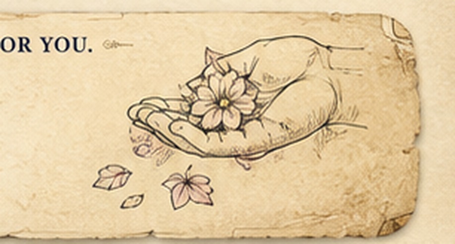 An open palm with falling petals