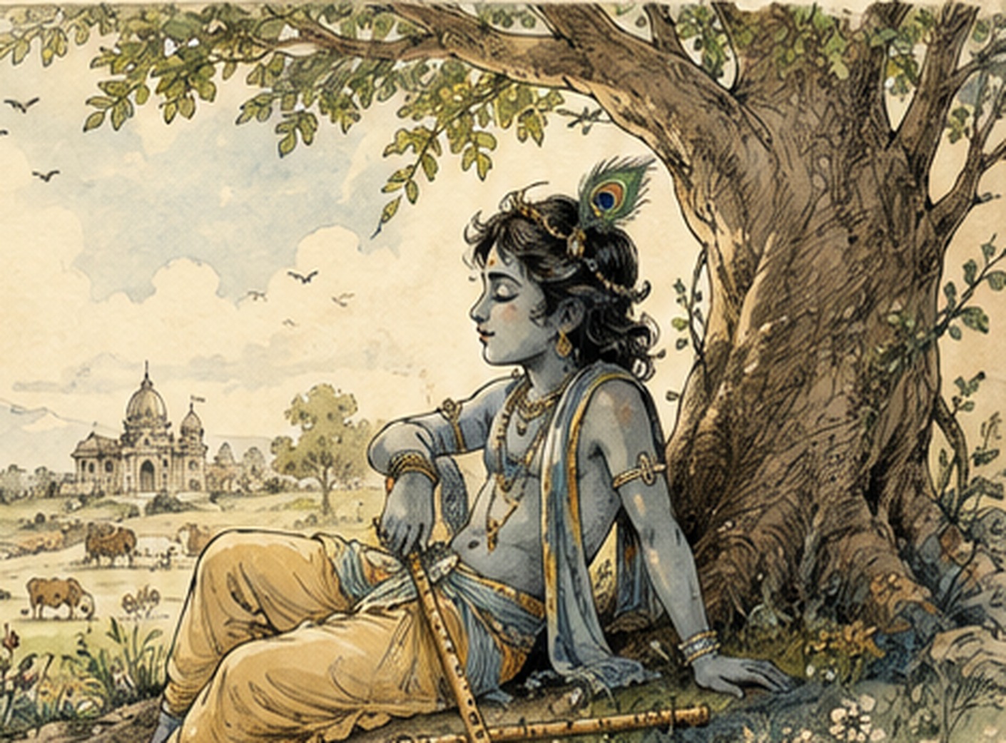 Krishna sitting under a tree with his flute